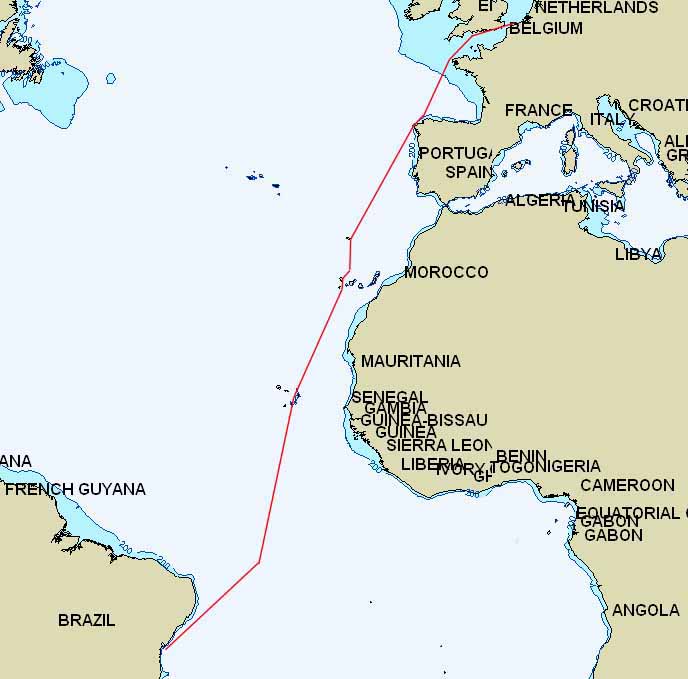 (de reisweg die Basile volgde van Belgie naar Brazilie)